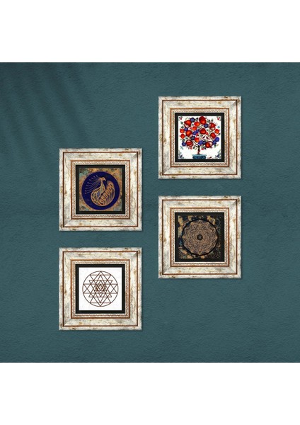 Tavus Kuşu, Sri Yantra, Nar Ağacı Taş Duvar Tablosu Çerçeveli Duvar Dekoru 4 Parça Tablo Seti Wall Art T4-1016