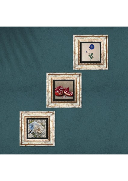 Ebru Sanatı, Kelebekli Çiçek, Nar Taş Duvar Tablosu Çerçeveli Duvar Dekoru 3 Parça Tablo Seti Wall Art T3-1158
