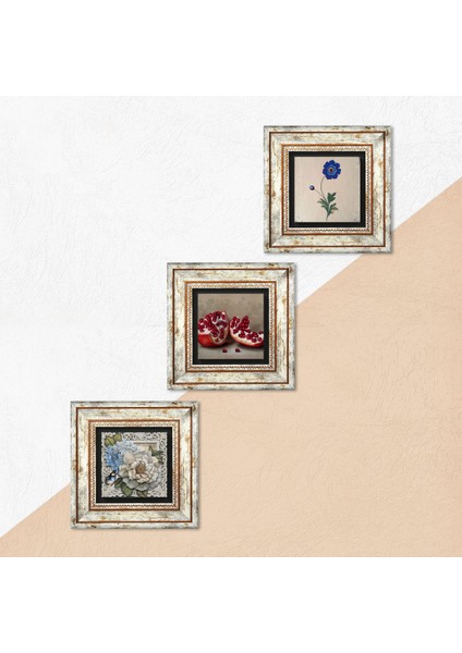 Ebru Sanatı, Kelebekli Çiçek, Nar Taş Duvar Tablosu Çerçeveli Duvar Dekoru 3 Parça Tablo Seti Wall Art T3-1158