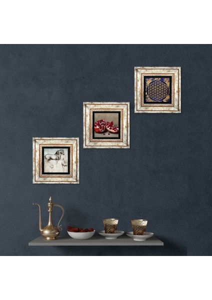 Yaşam Çiçeği, Leonardo da Vinci At Heykeli, Nar Taş Duvar Tablosu Çerçeveli Duvar Dekoru 3 Parça Tablo Seti Wall Art T3-1310