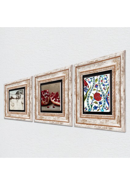 Çini Sanatı Lale, Leonardo da Vinci At Heykeli, Nar Taş Duvar Tablosu Çerçeveli Duvar Dekoru 3 Parça Tablo Seti Wall Art T3-1316 fiyatları