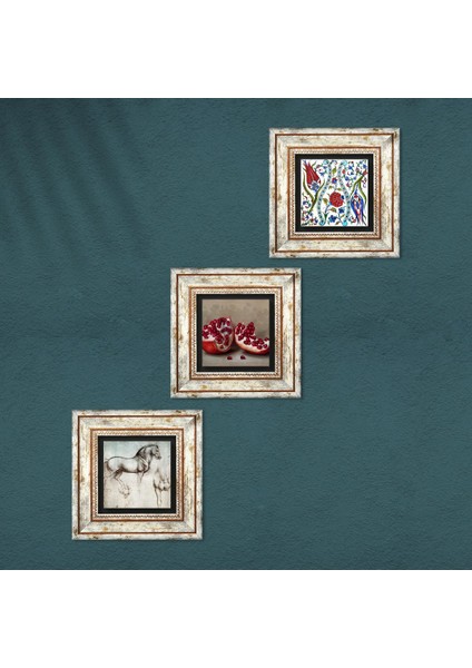 Çini Sanatı Lale, Leonardo da Vinci At Heykeli, Nar Taş Duvar Tablosu Çerçeveli Duvar Dekoru 3 Parça Tablo Seti Wall Art T3-1316 fırsatları