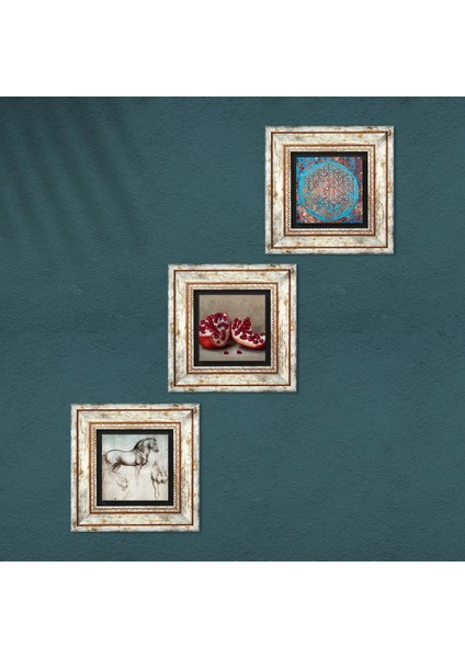 Yaşam Çiçeği, Leonardo da Vinci At Heykeli, Nar Taş Duvar Tablosu Çerçeveli Duvar Dekoru 3 Parça Tablo Seti Wall Art T3-1321