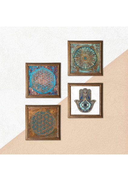 Yaşam Çiçeği, Fatma Ana Eli (Hamsa) Ahşap Çerçeveli Taş Duvar Tablosu 4’lü Set – 25x25 cm Dekoratif Modern Sanat – Ev ve Ofis Dekoru |W4-422| indirimleri