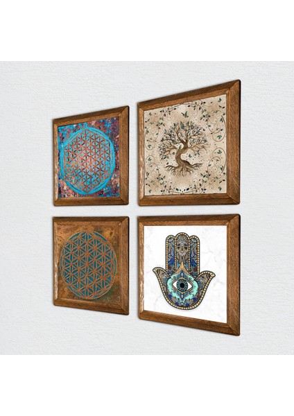 Yaşam Çiçeği, Hayat Ağacı, Fatma Ana Eli (Hamsa) Taş Duvar Tablosu Ahşap Çerçeveli Duvar Dekoru 4 Parça Tablo Seti Wall Art W4-435