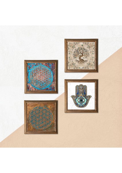 Yaşam Çiçeği, Hayat Ağacı, Fatma Ana Eli (Hamsa) Taş Duvar Tablosu Ahşap Çerçeveli Duvar Dekoru 4 Parça Tablo Seti Wall Art W4-435