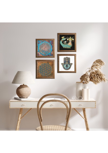 Yaşam Çiçeği, Şahmeran, Fatma Ana Eli (Hamsa) Taş Duvar Tablosu Ahşap Çerçeveli Duvar Dekoru 4 Parça Tablo Seti Wall Art W4-436