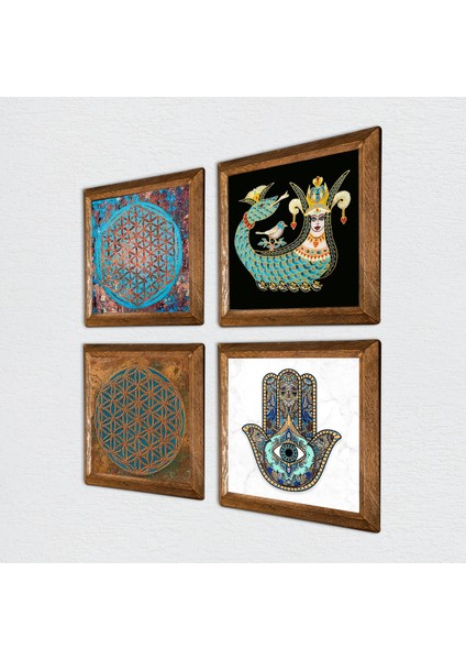 Yaşam Çiçeği, Şahmeran, Fatma Ana Eli (Hamsa) Taş Duvar Tablosu Ahşap Çerçeveli Duvar Dekoru 4 Parça Tablo Seti Wall Art W4-436