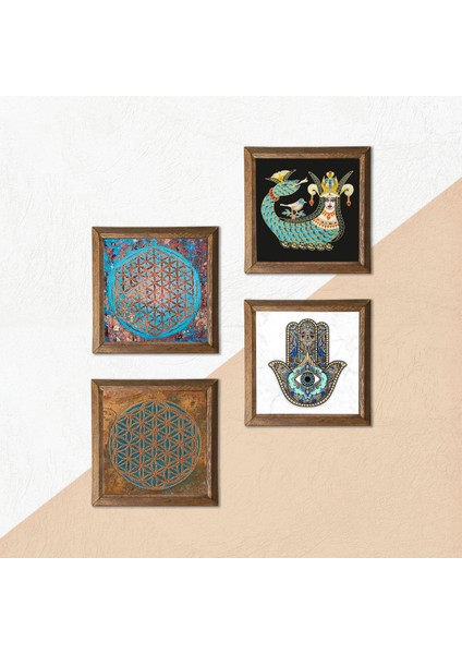 Yaşam Çiçeği, Şahmeran, Fatma Ana Eli (Hamsa) Taş Duvar Tablosu Ahşap Çerçeveli Duvar Dekoru 4 Parça Tablo Seti Wall Art W4-436