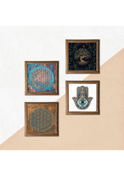 Yaşam Çiçeği, Hayat Ağacı, Fatma Ana Eli (Hamsa) Taş Duvar Tablosu Ahşap Çerçeveli Duvar Dekoru 4 Parça Tablo Seti Wall Art W4-438