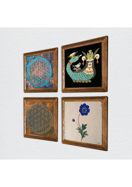 Yaşam Çiçeği, Ebru Sanatı, Şahmeran Taş Duvar Tablosu Ahşap Çerçeveli Duvar Dekoru 4 Parça Tablo Seti Wall Art W4-463