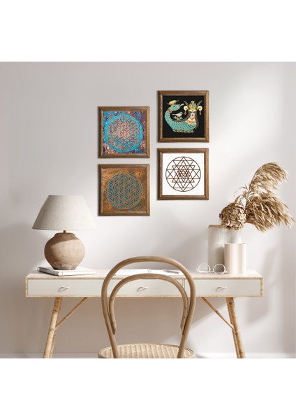 Yaşam Çiçeği, Sri Yantra, Şahmeran Taş Duvar Tablosu Ahşap Çerçeveli Duvar Dekoru 4 Parça Tablo Seti Wall Art W4-471