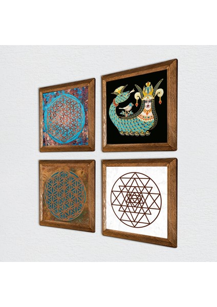 Yaşam Çiçeği, Sri Yantra, Şahmeran Taş Duvar Tablosu Ahşap Çerçeveli Duvar Dekoru 4 Parça Tablo Seti Wall Art W4-471