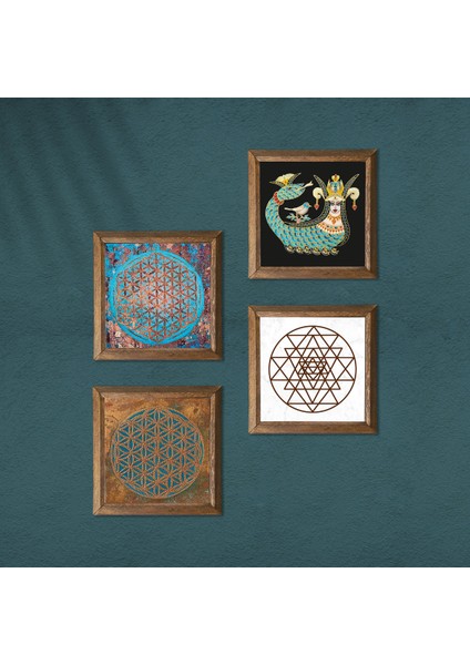 Yaşam Çiçeği, Sri Yantra, Şahmeran Taş Duvar Tablosu Ahşap Çerçeveli Duvar Dekoru 4 Parça Tablo Seti Wall Art W4-471