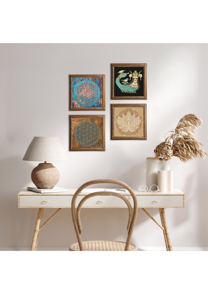 Yaşam Çiçeği, Lotus Çiçeği, Şahmeran Taş Duvar Tablosu Ahşap Çerçeveli Duvar Dekoru 4 Parça Tablo Seti Wall Art W4-474