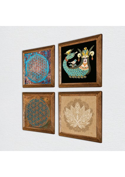 Yaşam Çiçeği, Lotus Çiçeği, Şahmeran Taş Duvar Tablosu Ahşap Çerçeveli Duvar Dekoru 4 Parça Tablo Seti Wall Art W4-474