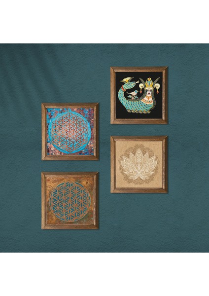 Yaşam Çiçeği, Lotus Çiçeği, Şahmeran Taş Duvar Tablosu Ahşap Çerçeveli Duvar Dekoru 4 Parça Tablo Seti Wall Art W4-474