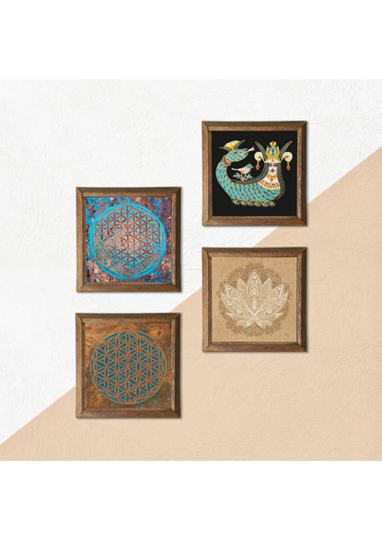 Yaşam Çiçeği, Lotus Çiçeği, Şahmeran Taş Duvar Tablosu Ahşap Çerçeveli Duvar Dekoru 4 Parça Tablo Seti Wall Art W4-474