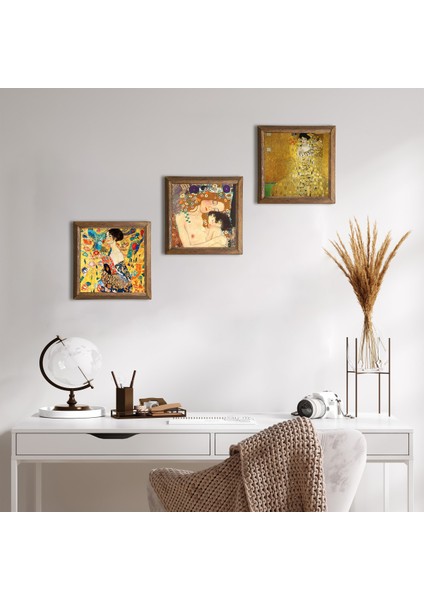 Gustav Klimt Taş Duvar Tablosu Ahşap Çerçeveli Duvar Dekoru 3 Parça Tablo Seti Wall Art W3-90