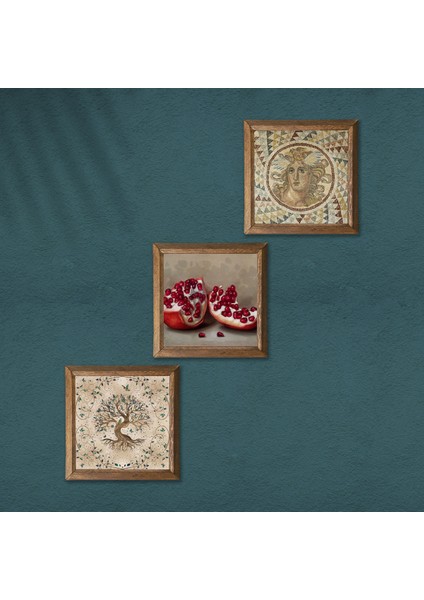 Mozaik Serisi, Hayat Ağacı, Nar Ahşap Çerçeveli Taş Duvar Tablosu 3’lü Set – 25x25 cm Dekoratif Modern Sanat – Ev ve Ofis Dekoru |W3-907| modelleri