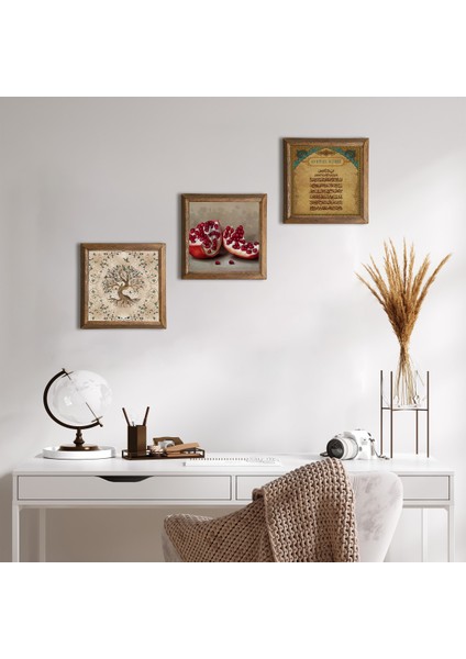 Ayet-el Kürsi, Hayat Ağacı, Nar Taş Duvar Tablosu Ahşap Çerçeveli Duvar Dekoru 3 Parça Tablo Seti Wall Art W3-912