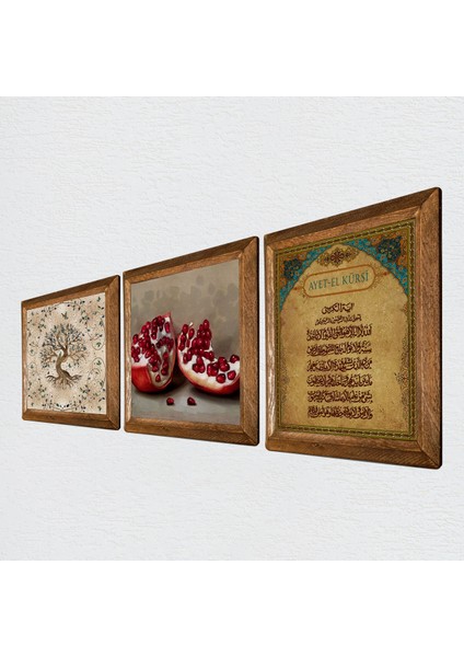 Ayet-el Kürsi, Hayat Ağacı, Nar Taş Duvar Tablosu Ahşap Çerçeveli Duvar Dekoru 3 Parça Tablo Seti Wall Art W3-912 fiyatları