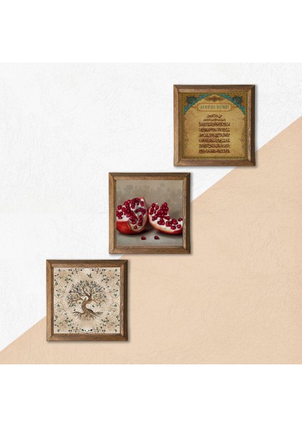 Ayet-el Kürsi, Hayat Ağacı, Nar Taş Duvar Tablosu Ahşap Çerçeveli Duvar Dekoru 3 Parça Tablo Seti Wall Art W3-912 indirimleri