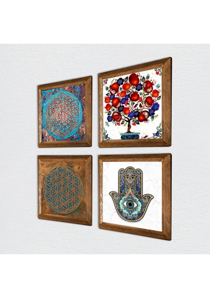 Yaşam Çiçeği, Nar Ağacı, Fatma Ana Eli (Hamsa) Taş Duvar Tablosu Ahşap Çerçeveli Duvar Dekoru 4 Parça Tablo Seti Wall Art W4-401 fiyatları
