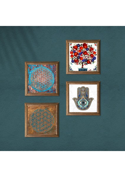 Yaşam Çiçeği, Nar Ağacı, Fatma Ana Eli (Hamsa) Taş Duvar Tablosu Ahşap Çerçeveli Duvar Dekoru 4 Parça Tablo Seti Wall Art W4-401 modelleri