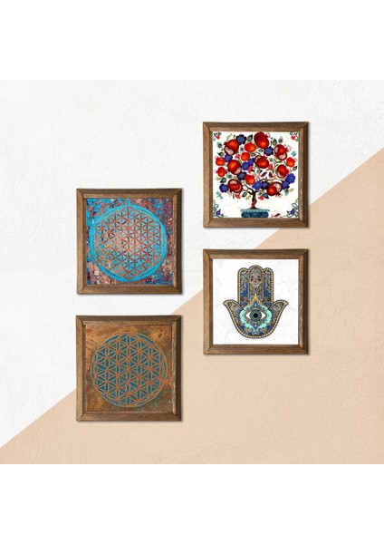 Yaşam Çiçeği, Nar Ağacı, Fatma Ana Eli (Hamsa) Taş Duvar Tablosu Ahşap Çerçeveli Duvar Dekoru 4 Parça Tablo Seti Wall Art W4-401 indirimleri