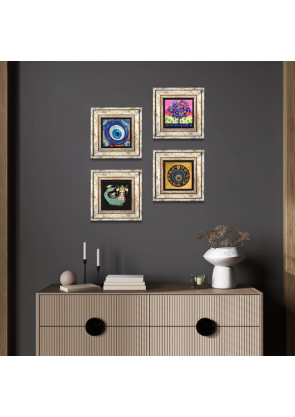 Nazar, Hayat Ağacı, Şahmeran Taş Duvar Tablosu Çerçeveli Duvar Dekoru 4 Parça Tablo Seti Wall Art T4-1206