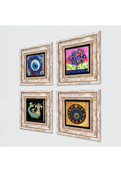 Nazar, Hayat Ağacı, Şahmeran Taş Duvar Tablosu Çerçeveli Duvar Dekoru 4 Parça Tablo Seti Wall Art T4-1206