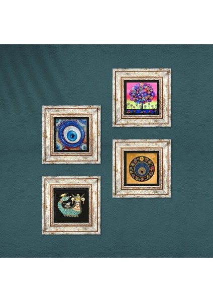 Nazar, Hayat Ağacı, Şahmeran Taş Duvar Tablosu Çerçeveli Duvar Dekoru 4 Parça Tablo Seti Wall Art T4-1206