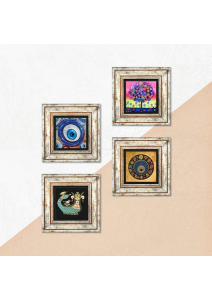 Nazar, Hayat Ağacı, Şahmeran Taş Duvar Tablosu Çerçeveli Duvar Dekoru 4 Parça Tablo Seti Wall Art T4-1206