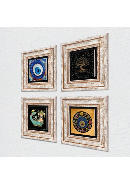 Hayat Ağacı, Nazar, Şahmeran Çerçeveli Taş Duvar Tablosu 4’lü Set - Dekoratif Modern Sanat, Ev ve Ofis Dekoru |TK4-1208| fiyatları