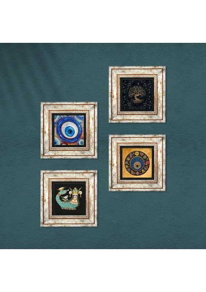 Hayat Ağacı, Nazar, Şahmeran Çerçeveli Taş Duvar Tablosu 4’lü Set - Dekoratif Modern Sanat, Ev ve Ofis Dekoru |TK4-1208| fırsatları