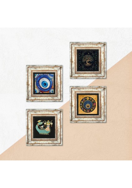 Hayat Ağacı, Nazar, Şahmeran Çerçeveli Taş Duvar Tablosu 4’lü Set - Dekoratif Modern Sanat, Ev ve Ofis Dekoru |TK4-1208| indirimleri