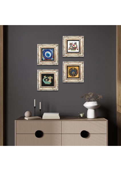 Nazar, Şahmeran Çerçeveli Taş Duvar Tablosu 4’lü Set - Dekoratif Modern Sanat, Ev ve Ofis Dekoru |TK4-1209|