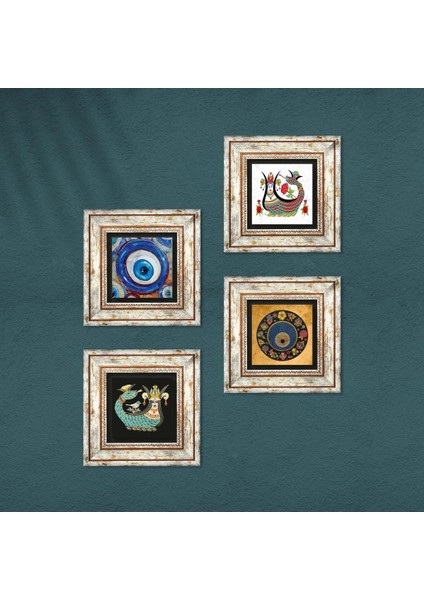 Nazar, Şahmeran Çerçeveli Taş Duvar Tablosu 4’lü Set - Dekoratif Modern Sanat, Ev ve Ofis Dekoru |TK4-1209| fırsatları