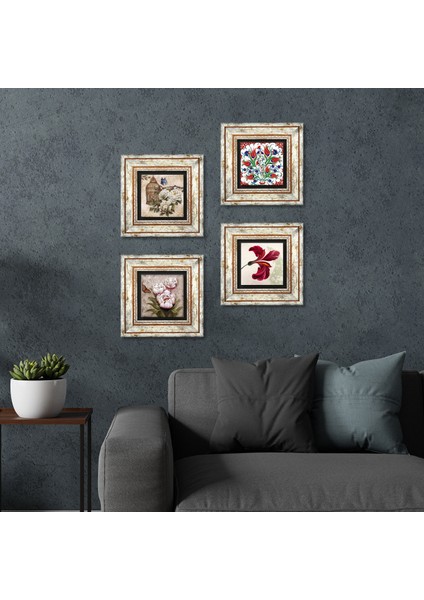 Stone Lale, Kelebekli Çiçek Çerçeveli Taş Duvar Tablosu 4’lü Set - Dekoratif Modern Sanat, Ev ve Ofis Dekoru |TK4-121|