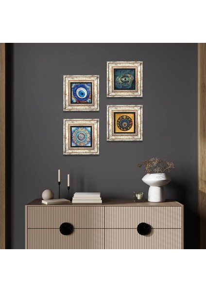 Stone Mandala, Nazar Çerçeveli Taş Duvar Tablosu 4’lü Set - Dekoratif Modern Sanat, Ev ve Ofis Dekoru |TK4-1228|