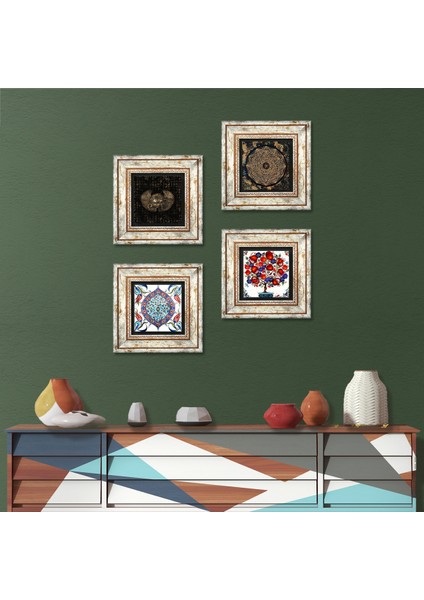 Horus'un Gözü, Sri Yantra, Çini Sanatı, Nar Ağacı Taş Duvar Tablosu Çerçeveli Duvar Dekoru 4 Parça Tablo Seti Wall Art T4-287