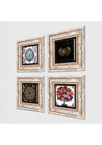 Horus'un Gözü, Sri Yantra, Çini Sanatı, Nar Ağacı Taş Duvar Tablosu Çerçeveli Duvar Dekoru 4 Parça Tablo Seti Wall Art T4-287