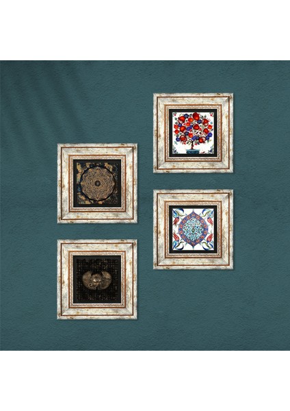 Horus'un Gözü, Sri Yantra, Çini Sanatı, Nar Ağacı Taş Duvar Tablosu Çerçeveli Duvar Dekoru 4 Parça Tablo Seti Wall Art T4-287