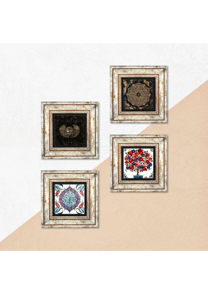 Horus'un Gözü, Sri Yantra, Çini Sanatı, Nar Ağacı Taş Duvar Tablosu Çerçeveli Duvar Dekoru 4 Parça Tablo Seti Wall Art T4-287