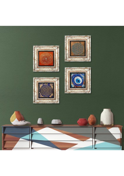 Nazar, Yaşam Çiçeği, Sri Yantra Taş Duvar Tablosu Çerçeveli Duvar Dekoru 4 Parça Tablo Seti Wall Art T4-1592