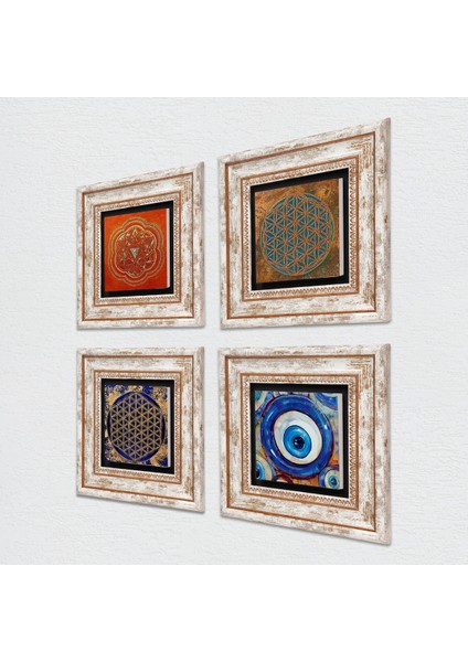 Nazar, Yaşam Çiçeği, Sri Yantra Taş Duvar Tablosu Çerçeveli Duvar Dekoru 4 Parça Tablo Seti Wall Art T4-1592
