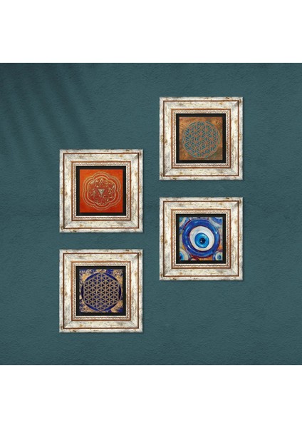 Nazar, Yaşam Çiçeği, Sri Yantra Taş Duvar Tablosu Çerçeveli Duvar Dekoru 4 Parça Tablo Seti Wall Art T4-1592