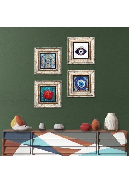 Nazar, Mandala, Nar Taş Duvar Tablosu Çerçeveli Duvar Dekoru 4 Parça Tablo Seti Wall Art T4-1607
