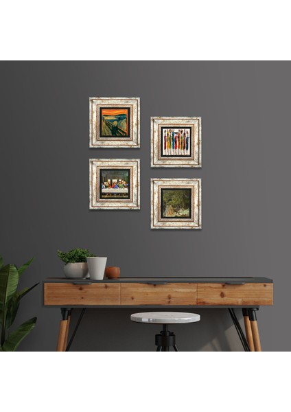 Stone Leonardo da Vinci, Claude Monet, Çığlık, Yerli Kadınlar Çerçeveli Taş Duvar Tablosu 4’lü Set - Dekoratif Modern Sanat, Ev ve Ofis Dekoru |TK4-1744|